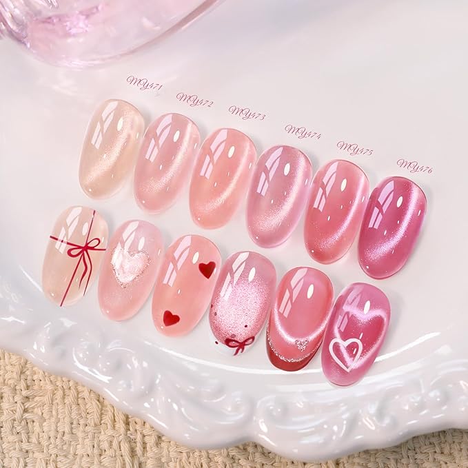 Born Pretty Pink Cat Magnetic Eye Gel Nail Polish Jelly Nude Soft Rose Pink Crystal Glass Magnetic Shimmer Glitter Nail Polish Salon Gel Manicure and Nail Art DIY at Home 7ML 6PCS