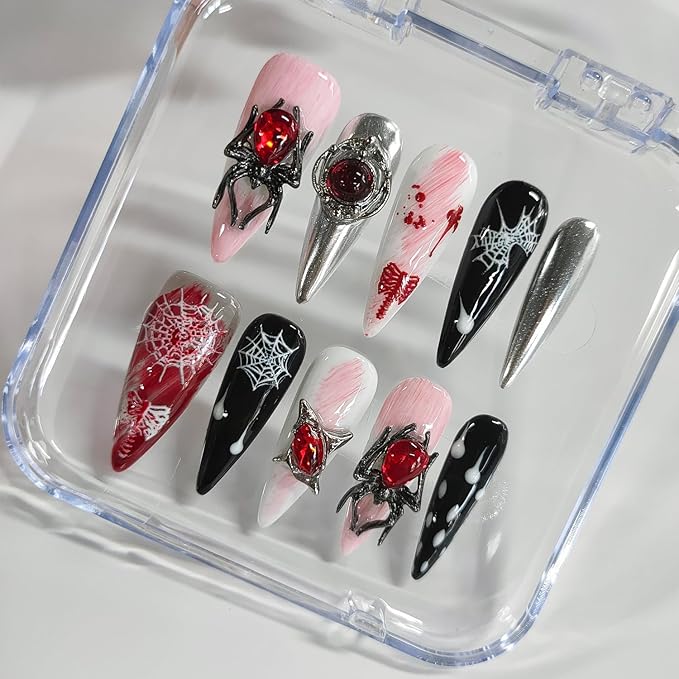 Halloween Handmade Press on Nails Long Almond 3D Nails Thick Acrylic Fake Nails Gothic False Nails with Spider Charms Rhinestones Designs Black&White Sturdy Nail Art Press on Nails 10Pcs(M)