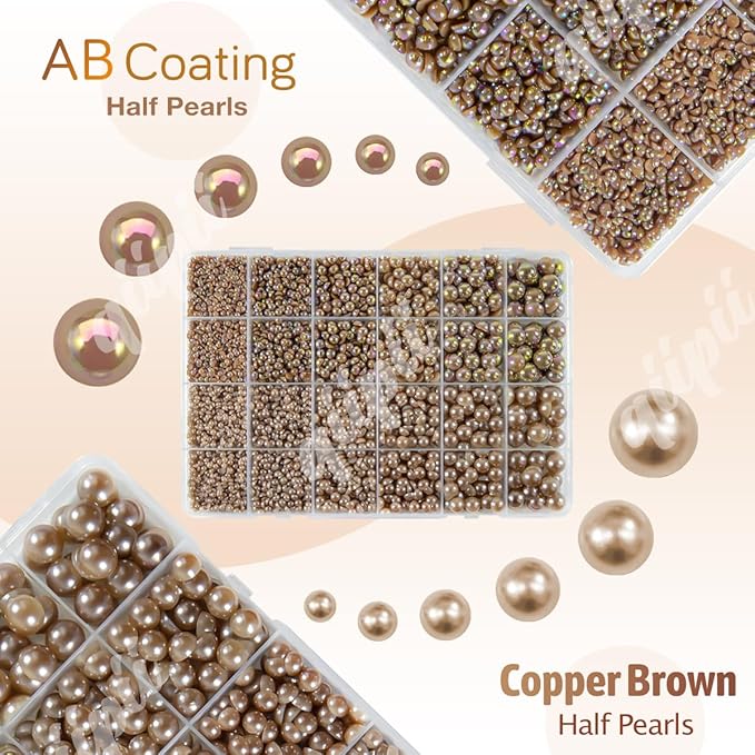 2 Styles Solid Brown+ Brown AB Flatback Pearls for Bedazzling Crafting 3mm-10mm Coffee Half Round Pearls Beads Gems Bedazzler Kit for Nails Face Eyes Makeup Tumblers Bottles DIY Crafts Shoes﻿﻿
