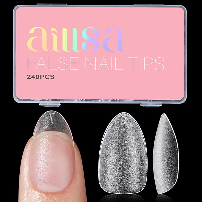 AILLSA Short Almond Nail Tips with Box, 15 Sizes Press On Gel Nail Tips Double Matte Pre-Buffed Almond Shaped Nails Tips Soft Full Cover Clear False Nail Tips for Nail Extension, 240PCS