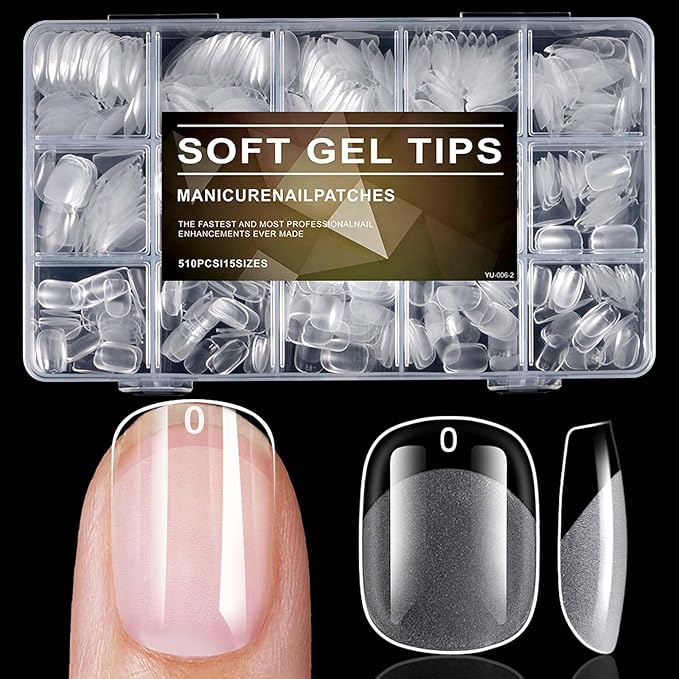 510pc Extra Short Round Square Nail Tips, Soft Gel Nail Tip XS Fake Nails Squoval Artificial Fingernail, 15 Sizes Full Cover Clear Press on Nail Short Square Acrylic Nails Tips for Nail Extension