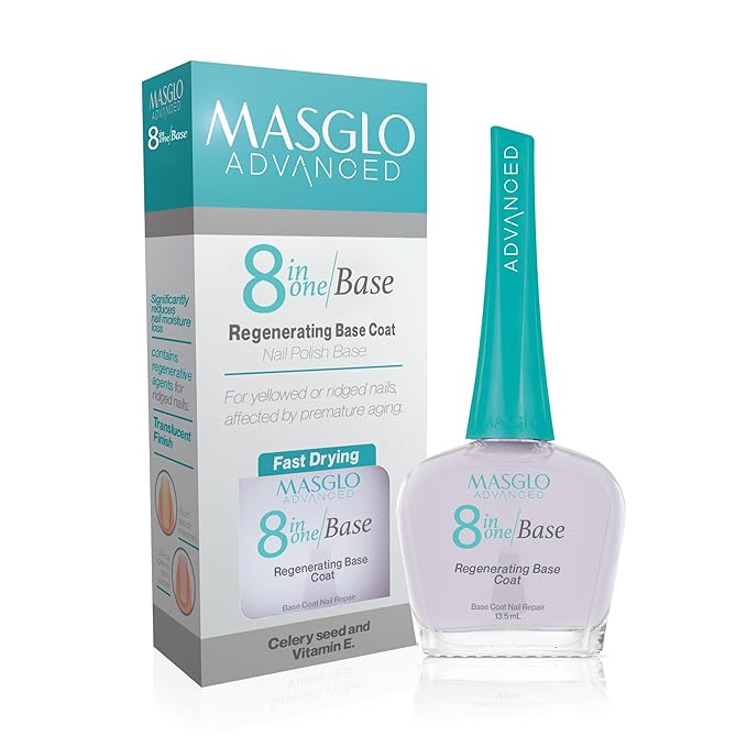 MASGLO 8-in-1 Nail Regenerator Base, Anti-Aging Strengthening Treatment, Hydrating Keratin Booster with Celery Seed Actives, Antioxidant Vitamin E, Smoothing Base, Fast-Drying Clear Shin