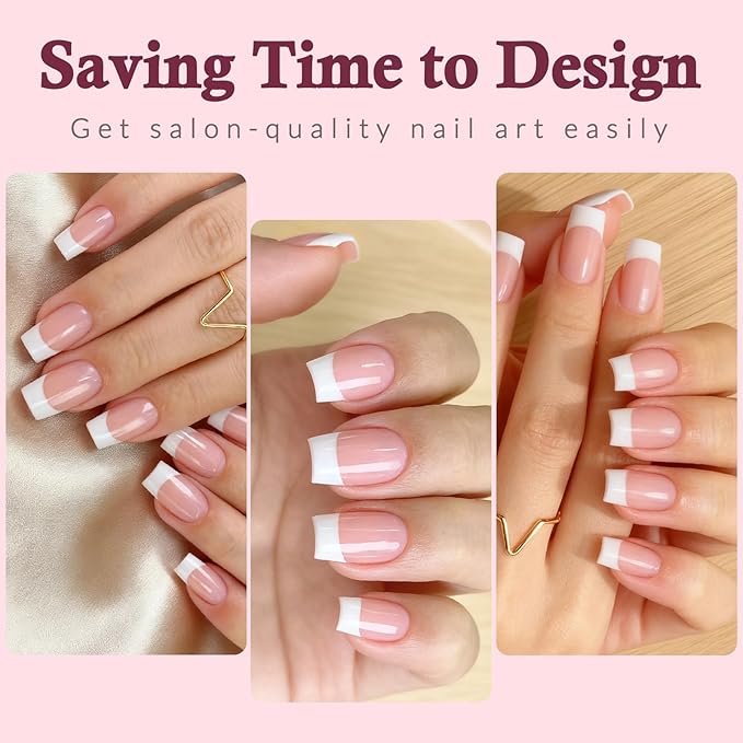 120PC White French Tip Press on Nails Short Fake Nails Press ons with 5*Adhesive Tabs, Pink Square Acrylic Nail Press on Nail French Tip Nails False Artificial Fingernails Stick on Nails-F
