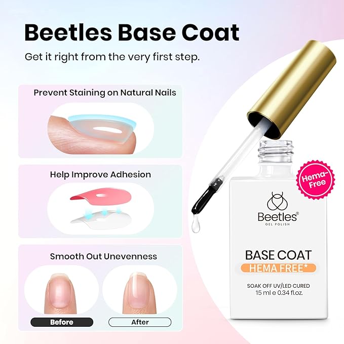 Beetles HEMA-Free Gel Top and Base Coat 15ml, TPO Free No Wipe Clear Glossy Gel Nail Polish Set Long Lasting Soak Off UV Lamp Upgraded Safe Low-Sensitivity Formula Nail Gifts for Women