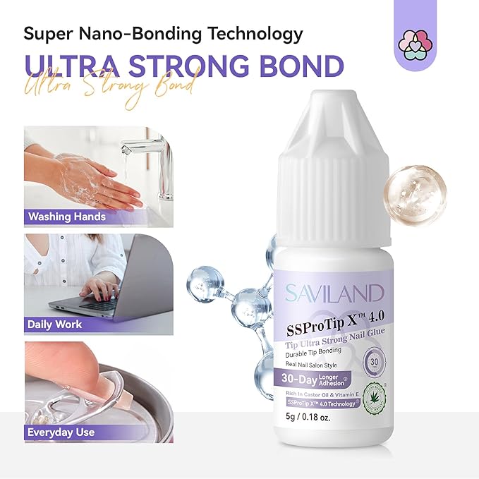 SAVILAND Strong Nail Glue for Nails Press On Nails: Extra Strength Acrylic Gel Glue 5g Long Lasting with Castor Oil Vitamin E Strong Hold Tip Fake Nail Tips No Cure Salon