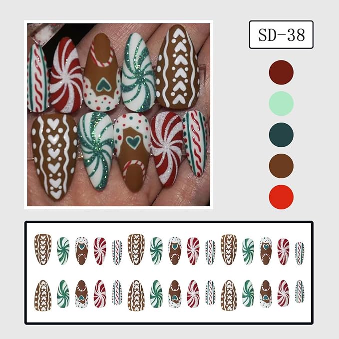 30pcs Christmas Press on Nails Medium Almond Fake Nails Glitter Red Green Spiral Pattern False Nails with Colorful Stripe Heart Design Brown Glue on Nails Full Cover Artificial Stick on Nail for Women