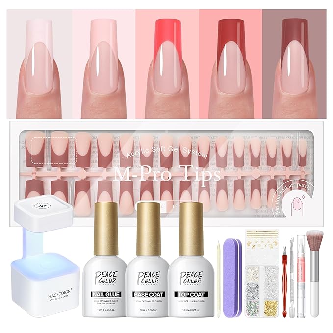 PEACECOLOR French Tip Press On Nails Kit - 150Pcs Long Square Gel Nail Kit with U V/LED Lamp Quick-Dry Nail Glue Base & Top Coat, Complete DIY Manicure Set Fake Nails Gift for Women Girls Home