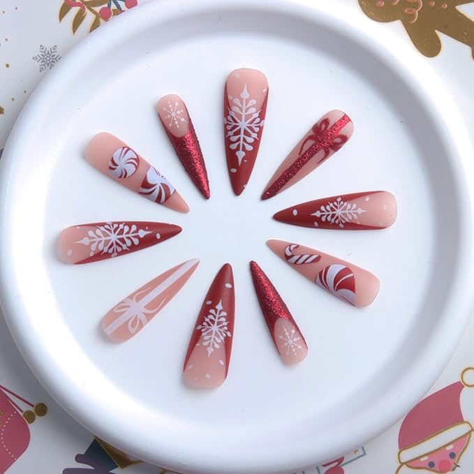24pcs Red Long Almond French Tips Press On Nails with Snowflakes, Candies and Bows for Themed Costumes, Reusable Nail Kit with Nail Adhesive Tabs Mini Nail File, 12 Sizes (Red Candy)
