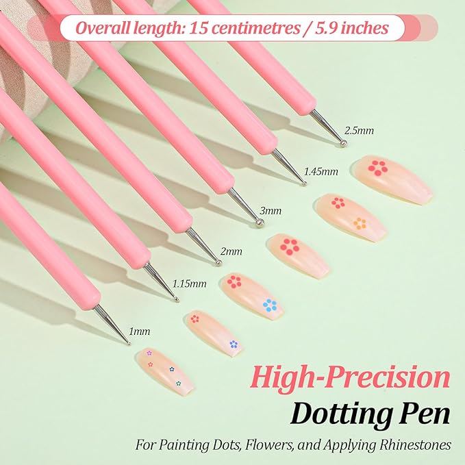 6Pcs Dotting Tools Nail Art Brushes Kit Double Ended Nails Detail Small Brush Design Pen for Gel Polish Lines Nails Drawing DIY Manicures Pink