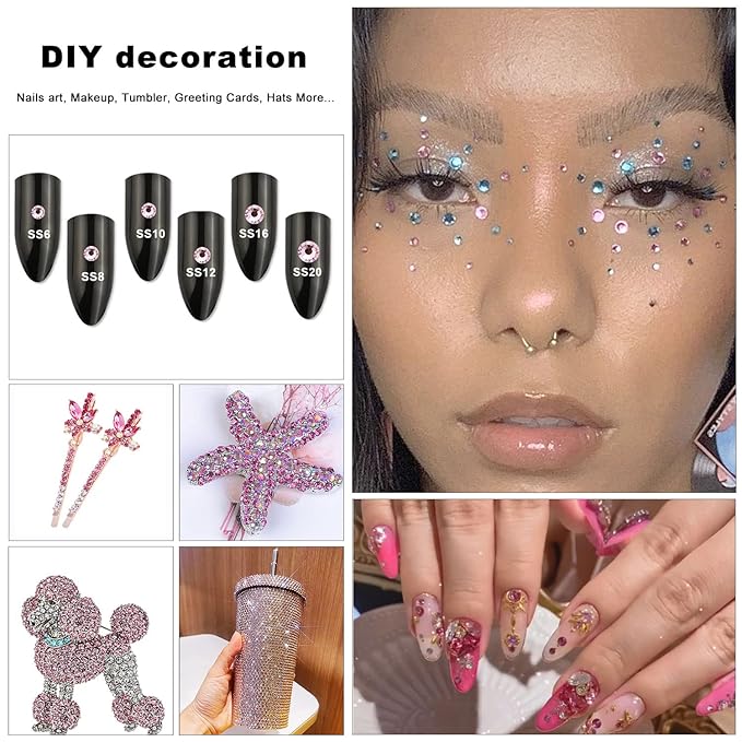4240Pcs Flatback Pink Rhinestones Glass Crystal Gemstones for Nail Art Jewels Makeup Shiny Round with Tweezers and Picking Pen (SS6~SS20 Set)