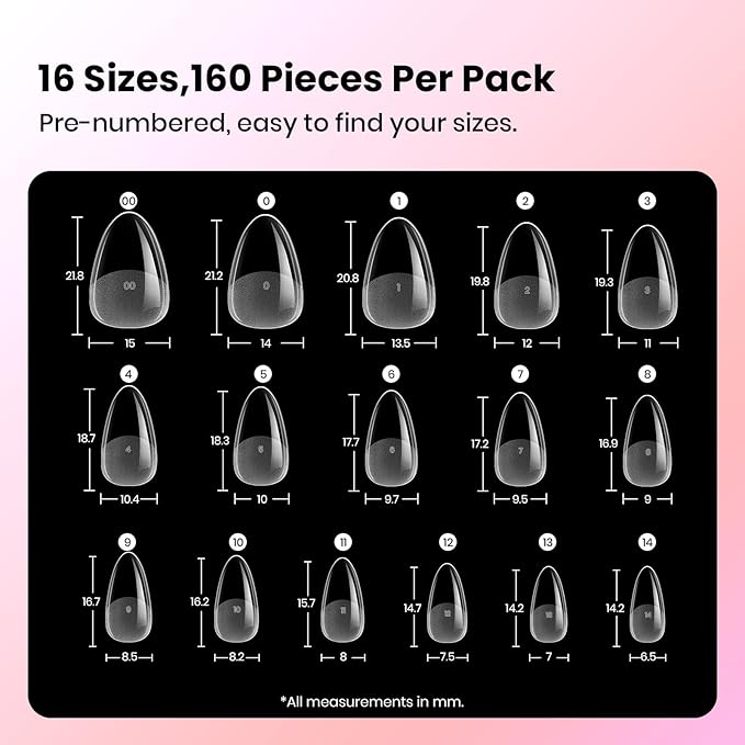 Beetles Gel Nail Tips Curve-EX Almond Short, 160pcs 16 Sizes, Etch-X Half Matte Full Cover Soft Acrylic False Clear Press on Nail Tips Easy DIY Nail Extension Art Salon for Curved & Natural Nail Beds