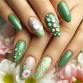Easter Rabbit Fake Nails Full Cover Colorful Flower Acrylic Nails False Nails with Easter Bunny Eggs Design Green Easter Press on Nail Medium Almond Glossy Stick on Nails for Women Nail Art DIY 24 Pcs