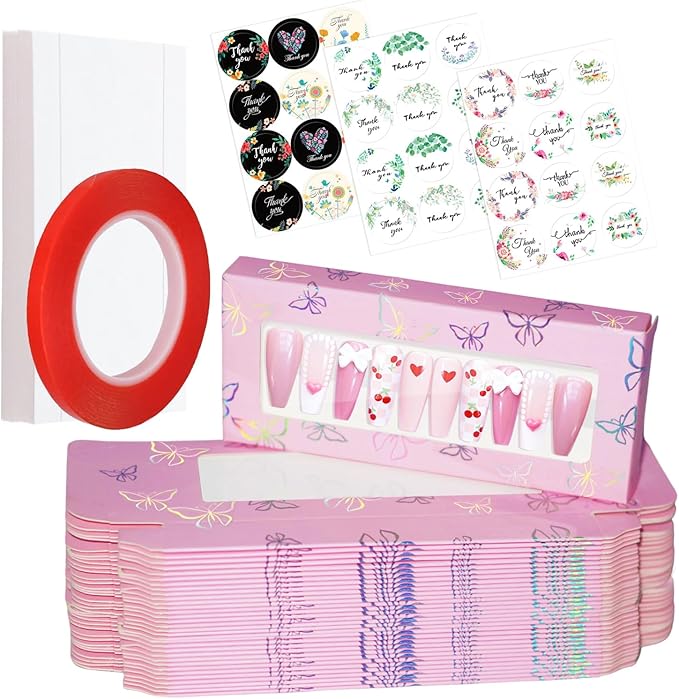 74PCS Press on Nails Packaging Box Set Includes 35PCS Empty Nail Package Box 35PCS White Background Paper 1 Double Sided Tape and 3 Thank You Stickers for Press on Nail Business