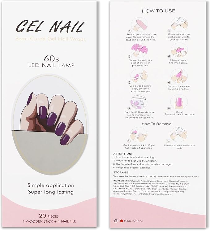 JMEOWIO Gel Nail Stickers Wine Red Purple Semi Cured Gel Nail Strips Wraps UV/LED Nails Art Design Decoration Accessories