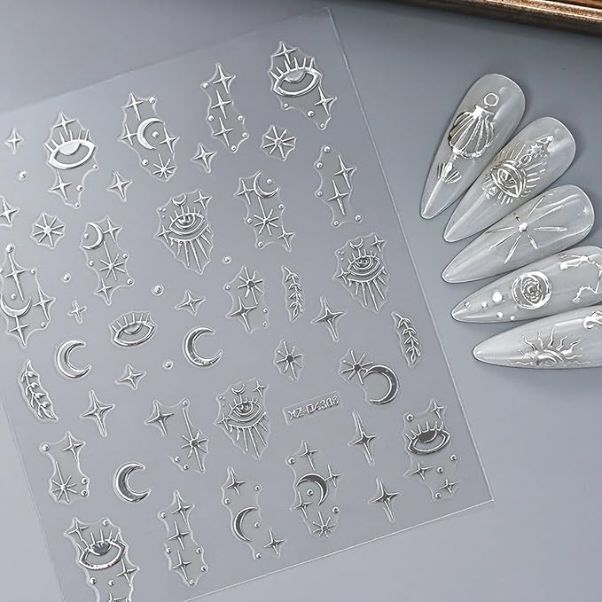 12 Sheets Silver Nail Art Stickers Star Nail Stickers Sun Moon Nail Decals Self Adhesive Evil Eye Nail Art Supplies for Women Girls DIY Manicure Nail Art Decorations