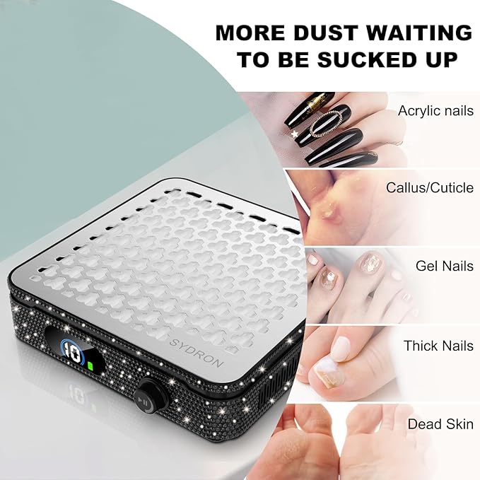 Nail Dust Collector | 1000PA Nail Dust Collector Quiet | 10 Speed Levels | Low Noise & Strong Suction | Reusable Filter, 10 Pads + Nail Dust Brush | for Acrylic Nails, Salon & Home - Black Diamond