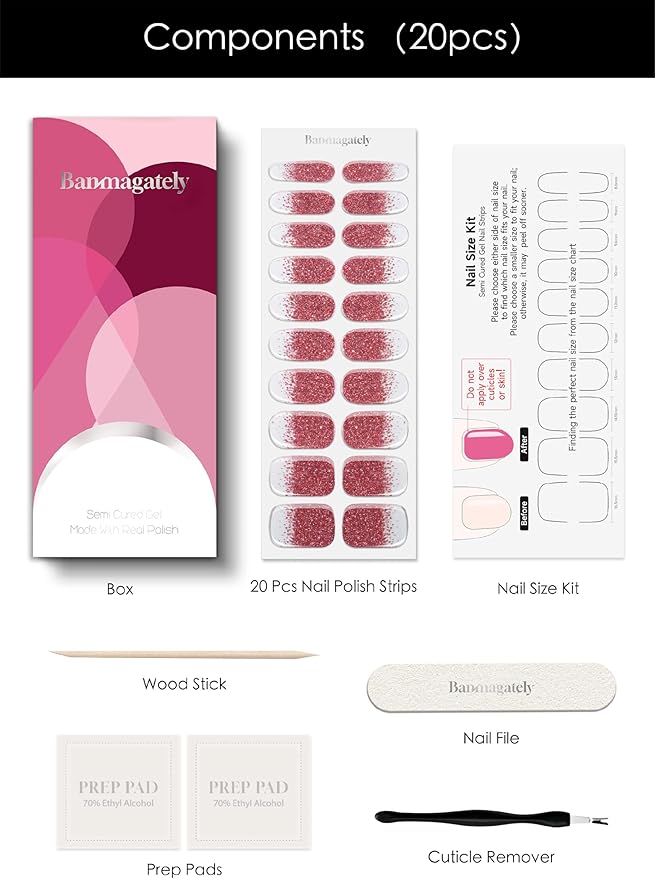 Semi Cured Gel Nail Strips, 20Pcs Long Lasting Salon Quality Wraps, Easy Apply & Remove Gel Nail Stickers with UV Light (Pink Diamond Dust)