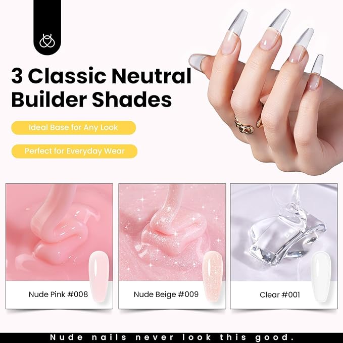 Beetles Hard Gel for Nails Kit,3 Colors 9 in 1 Clear Nude Glitter Sculpted Gel Nail Extension Sculpting High Hardness for Salon Professionals Women,Nude Pink & Clear Builder Nail Gel UV & LED Cured
