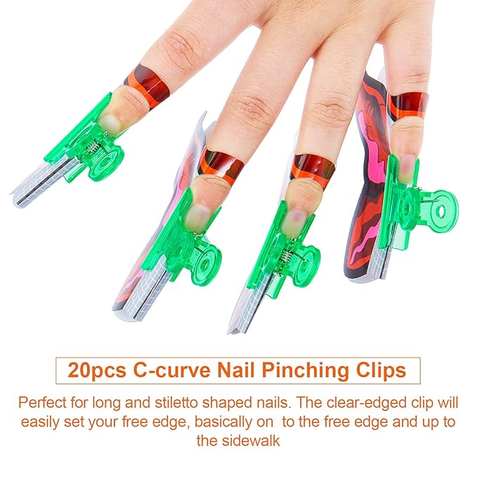 Jetec 20 Pcs C Curve Nail Tips Pinching Clips for Quick Building Multi Functional Plastic C Curve Nail Clamps for Gel Extension Forms Shaping DIY Manicure Nail Art Tool, 4 Colors