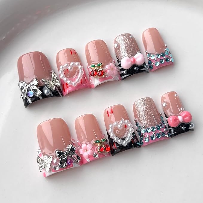 French Tip Press on Nails Handmade Short Duck 3D Flower Thick Acrylic Nails Cute False Nails with Bow Cherry Rhinestones Pearls Designs Glossy Fake Nail Sturdy Art Press on Nail 10Pcs(S)