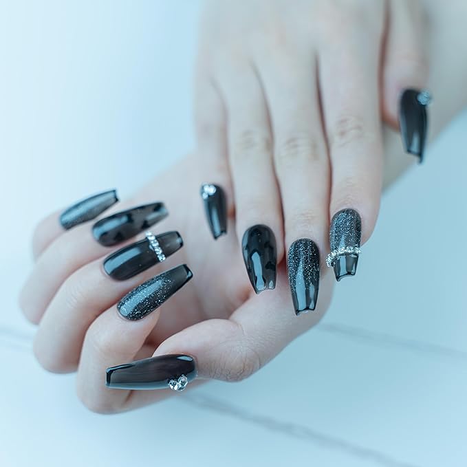 Sun&Beam Nails Handmade Press-on Medium Coffin Ballerina Grey Black Minimalist French Rhinestone Design Fashion False Nail Tips 10 Pcs Set (#170 M)