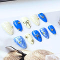 100% Handmade Press on Nails Medium Almond Handmade Nails with Rhinestones Bow Design Glossy Ombre Blue Fake Nails Pearl Sun Nail Press ons Reusable Spring Summer Acrylic Nails for Women Size L 10Pcs