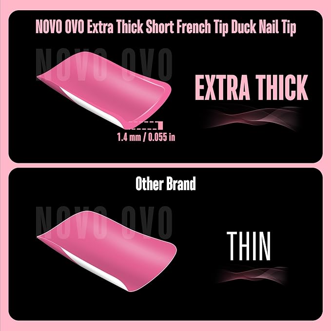NOVO OVO Short Duck Nail Tips French Tip Press On ROSE PINK with Glitter, Soft Gel Nail Extension, Need Buider Gel Top Coat, No Glue included, Full Cover Acrylic False Nails for DIY x 12 Sizes 240 pc