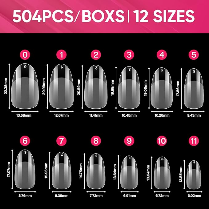AIMEILI Short Oval Acrylic Nail tips Fake Nails, Pre-shape 504pcs Round Soft Gel Nail Tips Press on Nails for Full Cover False Nails 12 Sizes