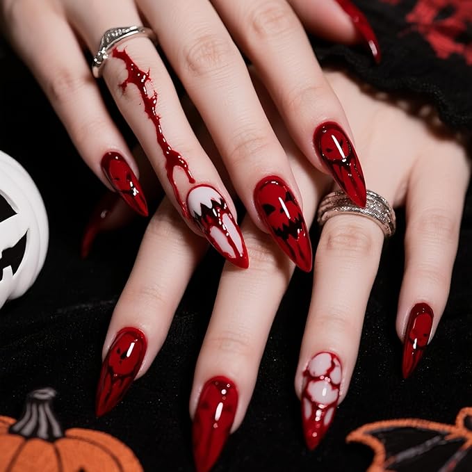 Blood Press on Nails - Halloween Fake Nails | Long Stiletto Acrylic Nail with Horror Ghost Designs,Reusable Stick on Nail for Women Girls | 12Size - 24Pcs with Jelly Glue