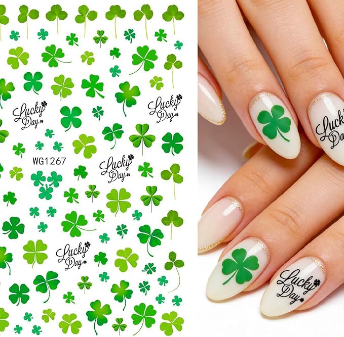 St Patricks Day Shamrock Nail Art Stickers Lucky Four-Leaf Clover Nail Decals Charms 3D Self-Adhesive St. Patrick's Day DIY Date Nail Supplies Decorations for Women Girls 10 Sheets