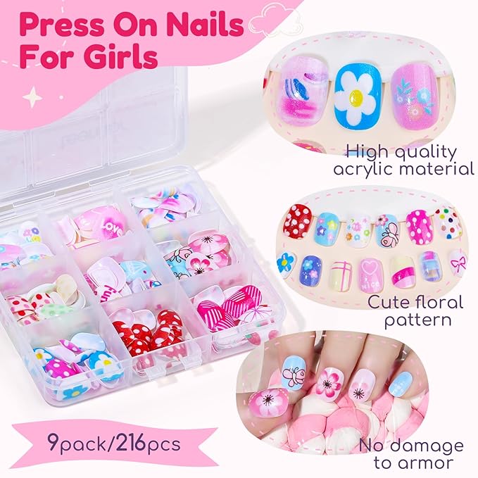 Teenitor 216pcs Press on Nails for Girls, 9 Colors 10 Sizes Press On Nails for Kids Fake Nails Little Girl Nails, Short Acrylic Nails with Nail Adhesive Tabs, Nail File Buffer