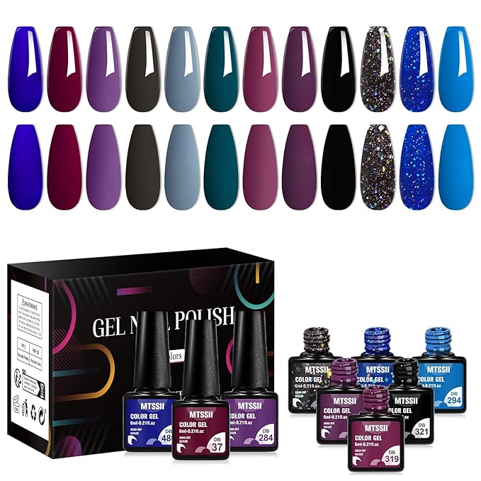 MTSSII Gel Nail Polish Set - 12 Colors Dark Purple, Blue, Navy, Dark Grey, Glitter, Red, Black Shimmer Gel Nail Gifts for Women, DIY Salon Home Manicure