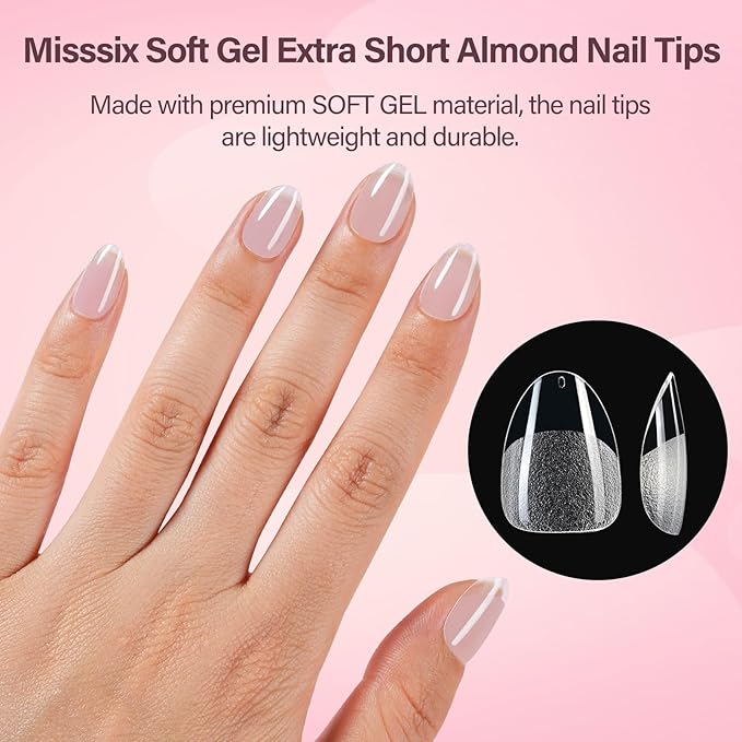 Misssix Extra Short Almond Gel Nail Tips, 216Pcs Pre Etched Clear Fake Nails, Full Cover Soft Acrylic False Nail Glue and Nail Glue Remover for Women 12 Sizes