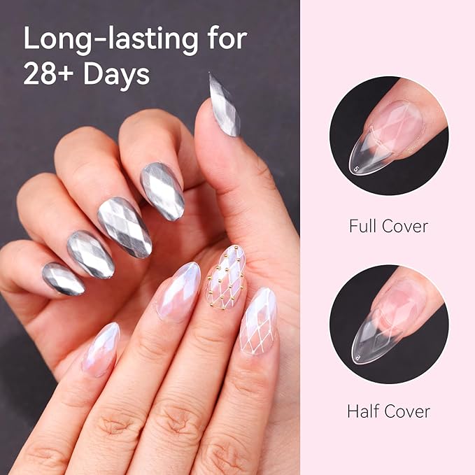 Makartt Short Almond Soft Gel Nail Tips: 120pcs 3D Diamond-Shaped Fake Nails Extension, 12 Sizes Full Cover Clear Press-On Tip, Natural Rhombus Lattice, Suit for Chrome Nail Powder