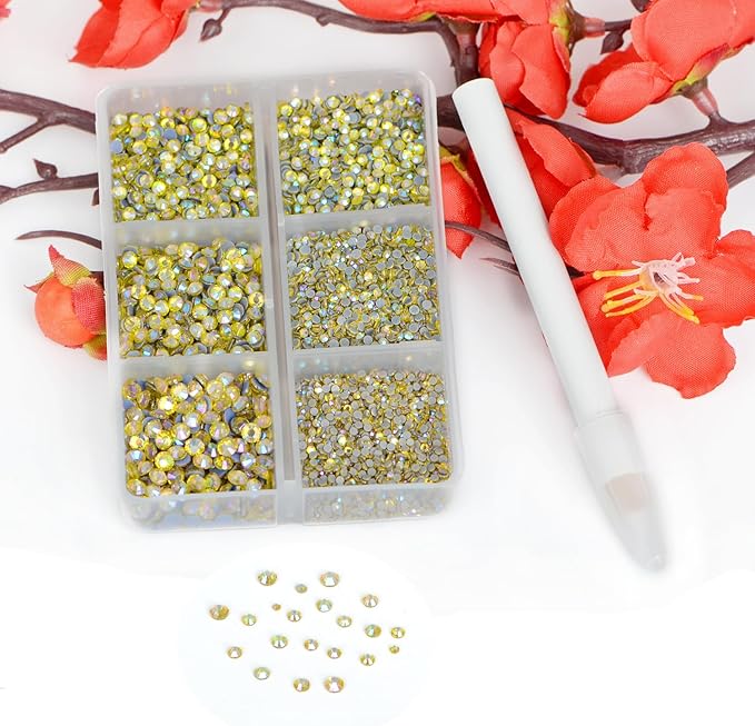 Bymitel Hotfix Crystal Rhinestones Round Gems for Crafts,Mixed 6 Sizes with Wax Pencil Kit, Citrine AB 1.3-3.2mm(SS3-SS12/8000pcs)