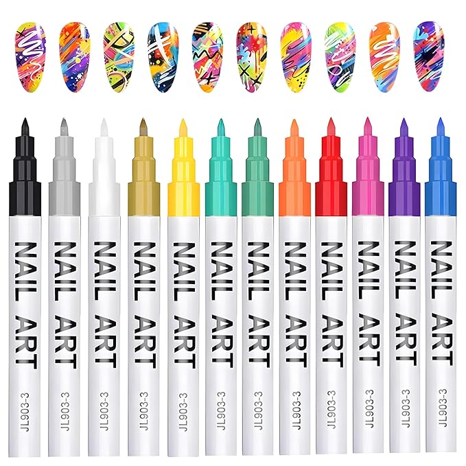 Nail Art Pens for Nail Painting, 12 Colors 0.7mm Nail Art Marker Pens for Valentine' Day Painting Nail Point Graffiti Dotting Liner Pen for Home Salon Quick Dry Manicure