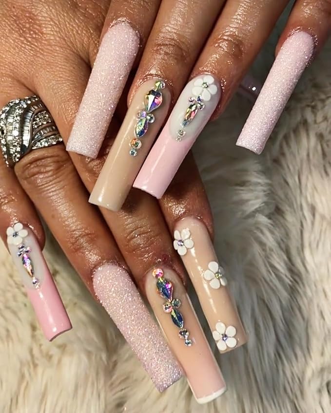 Set 30Pcs White 3D Flowers for Nails, Handmade 3D Acrylic Flowers for Nails, Flower Nail Charms Rhinestones Gems by Acrylic Powder Design Deco Nail Art Women Girls (White with Rhinestones-30Pcs)