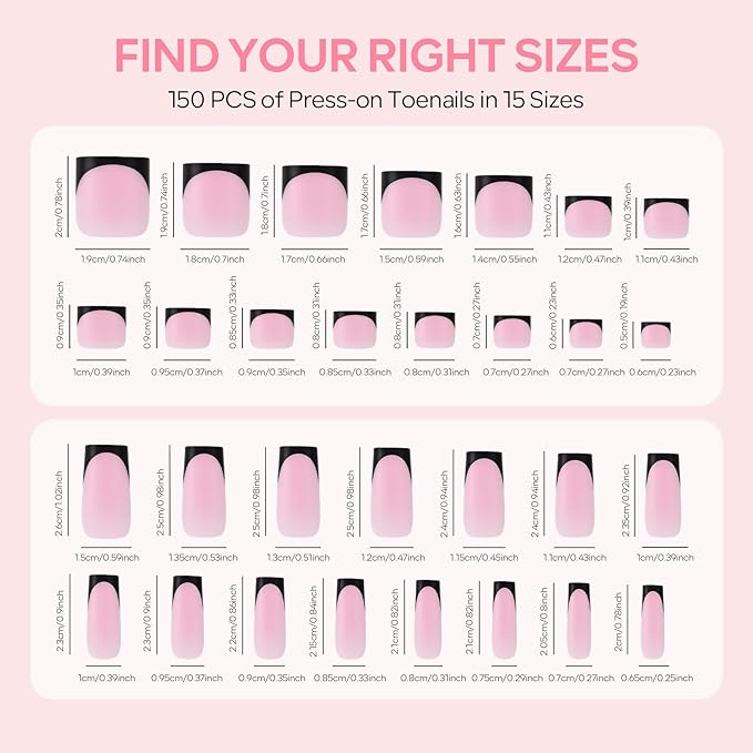 French Press On Nails and Toenails Set with 2 Nail Glue, 60Pcs Black Square 15 Sizes Medium Thick Soft False Toenail Extension, Full Cover Stick on Acrylic for Women Nail Art DIY