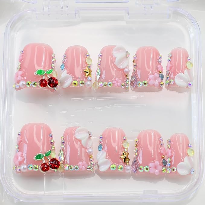10Pcs Short Pink Press on Nails Handmade Duck Fake Nails with 3D Flower Cherry Rhinestone Design Cute False Nails Artificial Acrylic Nails Press ons Multi-Layer Handmade Stick on Nail for Women (S)