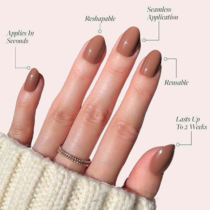 Glamnetic Press On Nails - Chocolate Brown | Opaque Muted Soft Brown Short Oval Fake Nails, Salon Quality | 15 Sizes - 30 Nail Kit