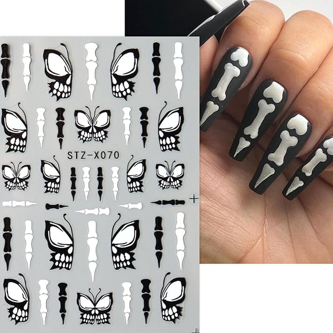 8 Sheets Black Halloween Nail Art Stickers Decals Spider Web Nails Sticker with Rhinestones Design Skeleton Blood Drop French Tip Nails Decals Self-Adhesive Butterfly Nail Art Decal Halloween Decor