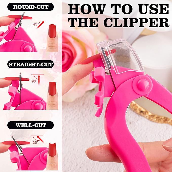 Belleboost Adjustable Acrylic Nail Clippers with Sizer and Catcher, Hot Pink Professional Dial Stainless Steel Blade Nail Tips Cutter, Artificial Fake Nail Trimmer, Manicure Tool for Salon Home