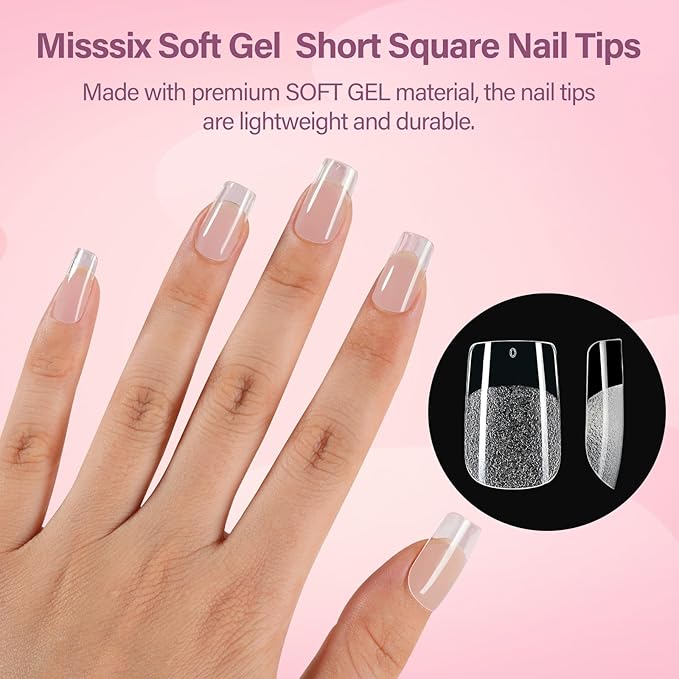 Misssix Short Square Gel Nail Tips, 216Pcs Pre Etched Clear Fake Nails, Full Cover Soft Acrylic False Nail Glue and Nail Glue Remover for Women 12 Sizes