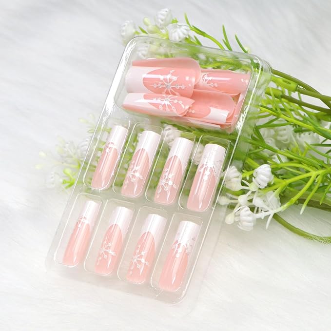 White French Tip Press on Nails Long Square Fake Nails Press ons with Snowflake Designs Winter Glue on Nails Acrylic Full Cover Glossy Acrylic Stick on Nails for Women 24 Pcs