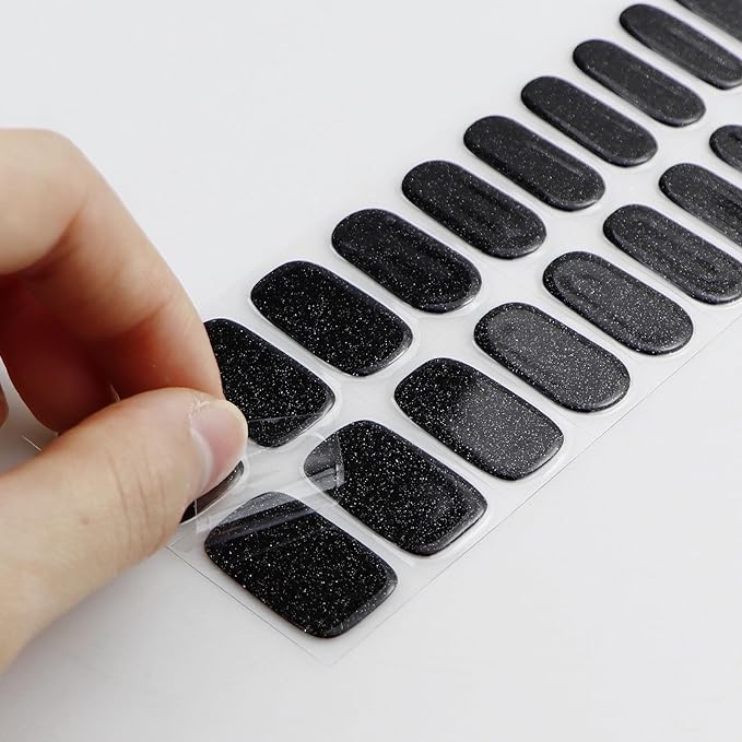 JMEOWIO Gel Nail Stickers Black Glitter Halloween Semi Cured Gel Nail Strips Wraps UV/LED Nails Art Design Decoration Accessories
