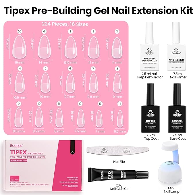Beetles Tipex Instant Apex Nail Tips Kit – Almond Medium, 224PCS 16 Sizes | Pre-Etched, Thick Full Cover Acrylic Tips with Tipex Nail Glue, Dehydrator, Primer, Base & Top Coat, Mini UV Lamp