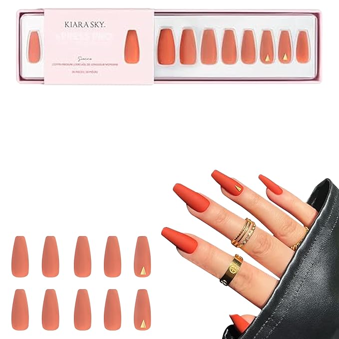 Kiara Sky Press On Nails | XPRESS PRO 100% Acrylic Nails | 30-Piece Kit Includes Nail Glue, Cuticle Pusher, File & Prep Pad | Coffin Medium - Sienna