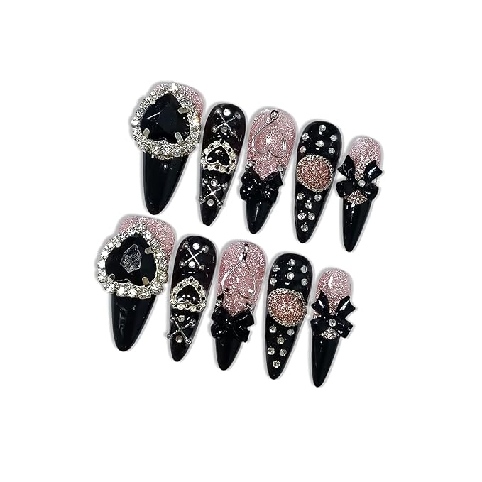 Y2K Kawaii Goth Press on Nails with Tools Kit, Long Stiletto Glossy Black Nails, Pink Cat Eye with Black Heart Rhinestones & Bows, Edgy Cute Style for Concerts & Nightlife (Size L)