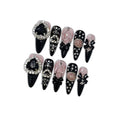 Y2K Kawaii Goth Press on Nails with Tools Kit, Long Stiletto Glossy Black Nails, Pink Cat Eye with Black Heart Rhinestones & Bows, Edgy Cute Style for Concerts & Nightlife (Size M)