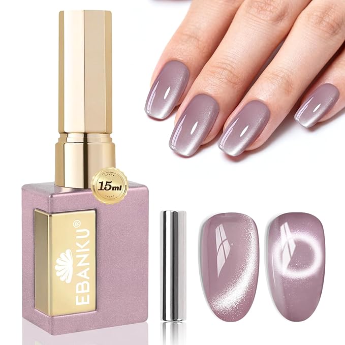 EBANKU Cat Eye Gel Nail Polish, 15ml Glitter Holographic Nail Polish with Magnet, Reflective Translucent UV Gel Polish Salon DIY at Home(Purple)